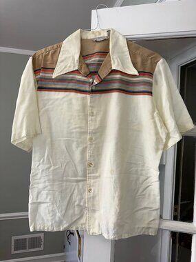 Men's Cream Striped Button Down Short Sleeved Shirt